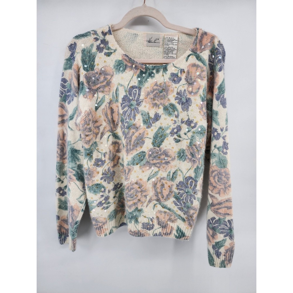 Kathie Lee Vintage Floral Sequin‎ Silk Angora Blend Sweater Womens Medium Pastel